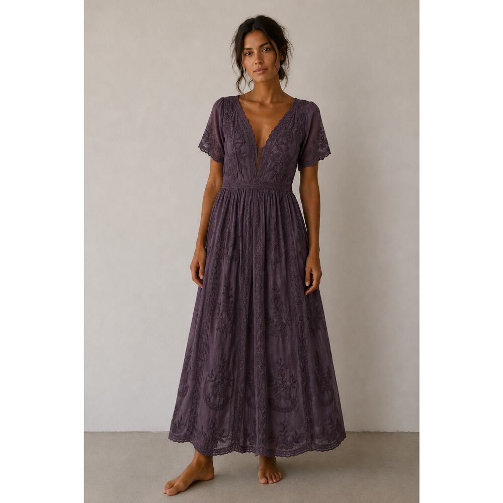 Vintage Boho Embroidered Lace Maxi Dress Dusty Plum Purple Lagenlook Size M